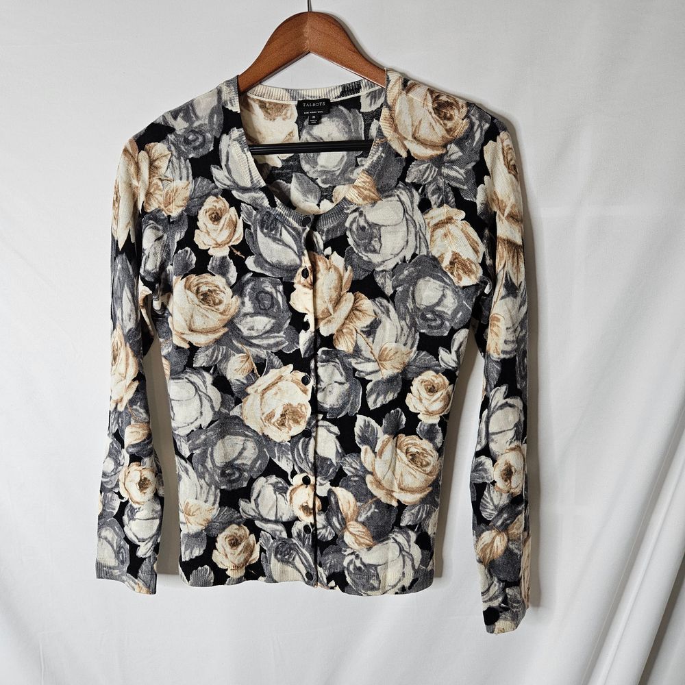Talbots Pure Merino Wool Rose Pattern Cardigan Sweater sz M